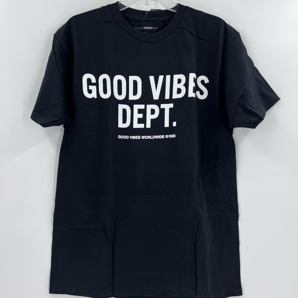 Fashion Nova Good Vibes Dept. short sleeve crew neck t-shirt is a black